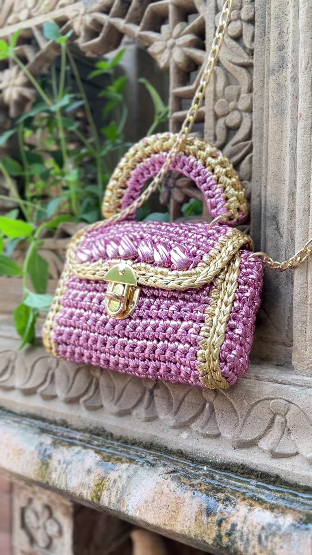 Metallic Pink with Golden Accents Handcrafted Crotchet Bag