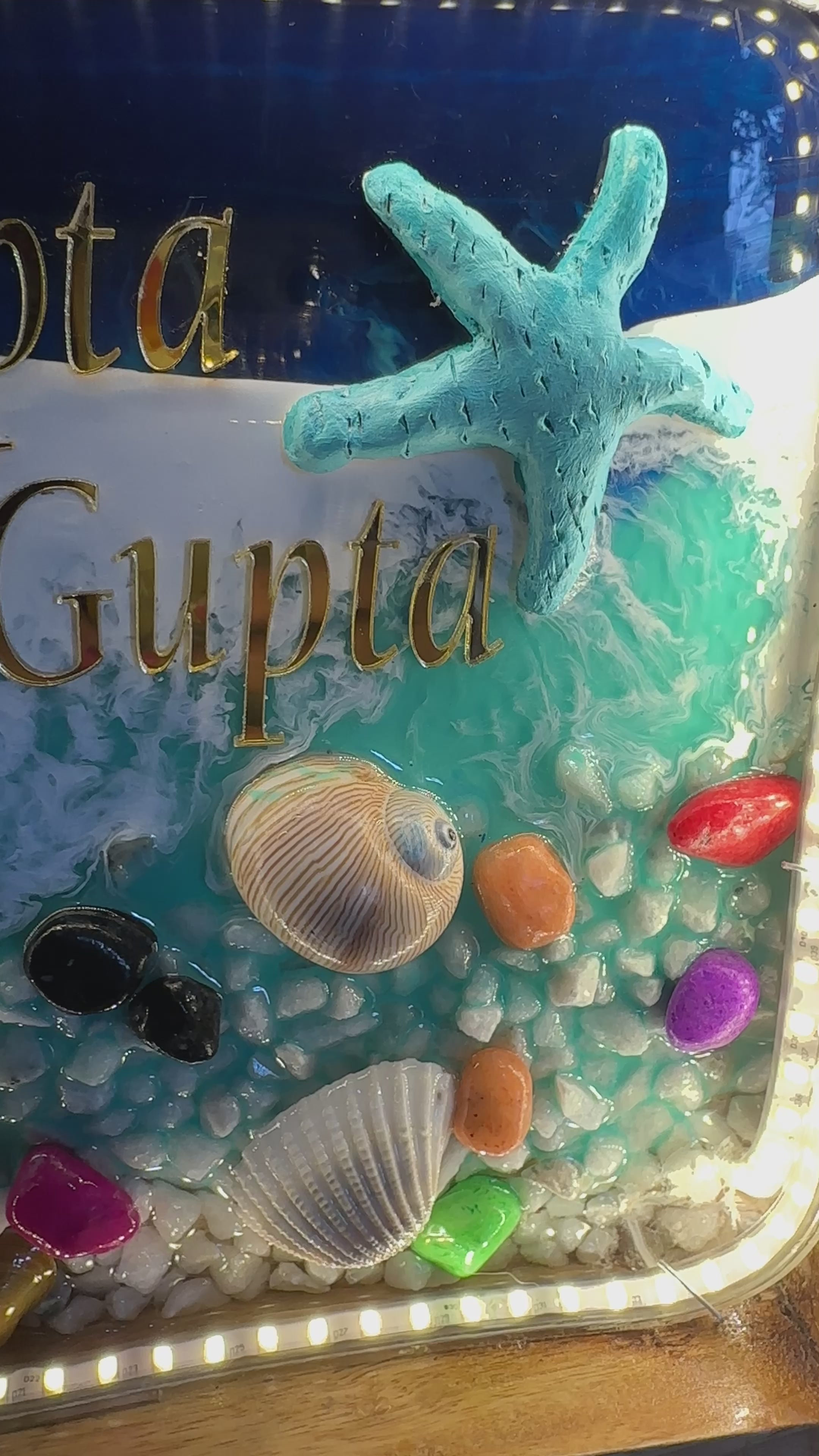 Rocky Beach Resin Name Plates | Ocean Themed House Name Plates on Wooden Tray