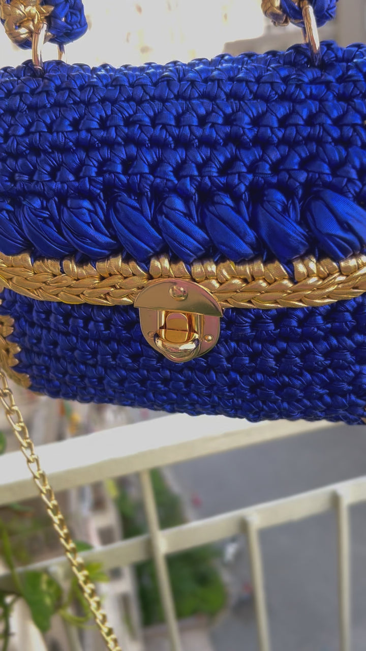 Opulent Blue and Gold Handcrafted Metallic Crochet Bag