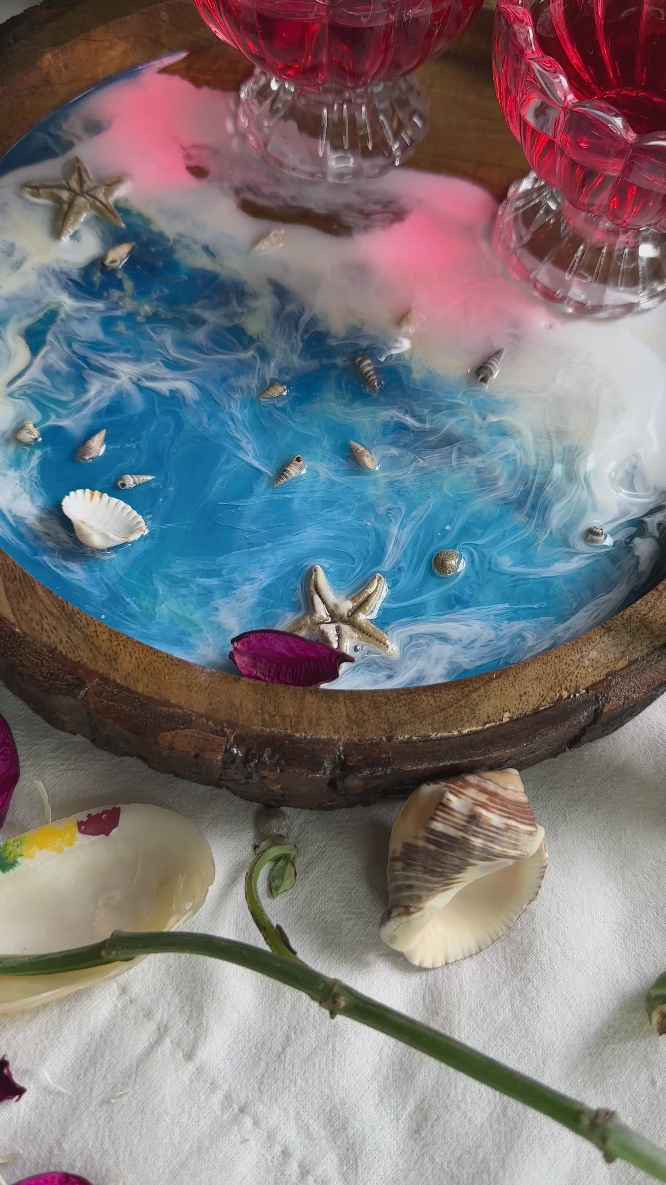 Epoxy Ocean Wooden Circular Tray  with handmade star fish | Epoxy Tray |  Beach Theme Resin Serving Tray
