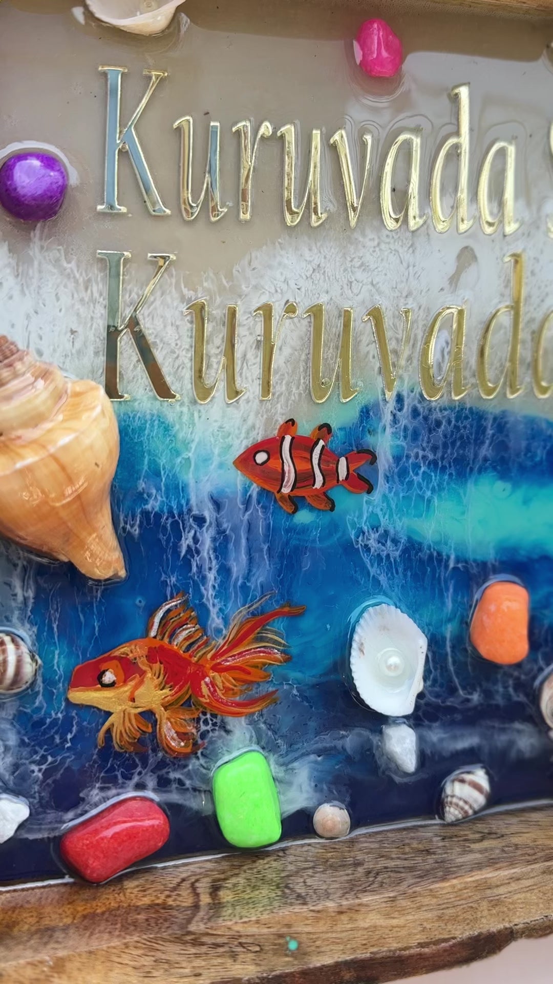 Custom Resin Name Plates | Ocean Themed House Name Plates on Wooden Tray