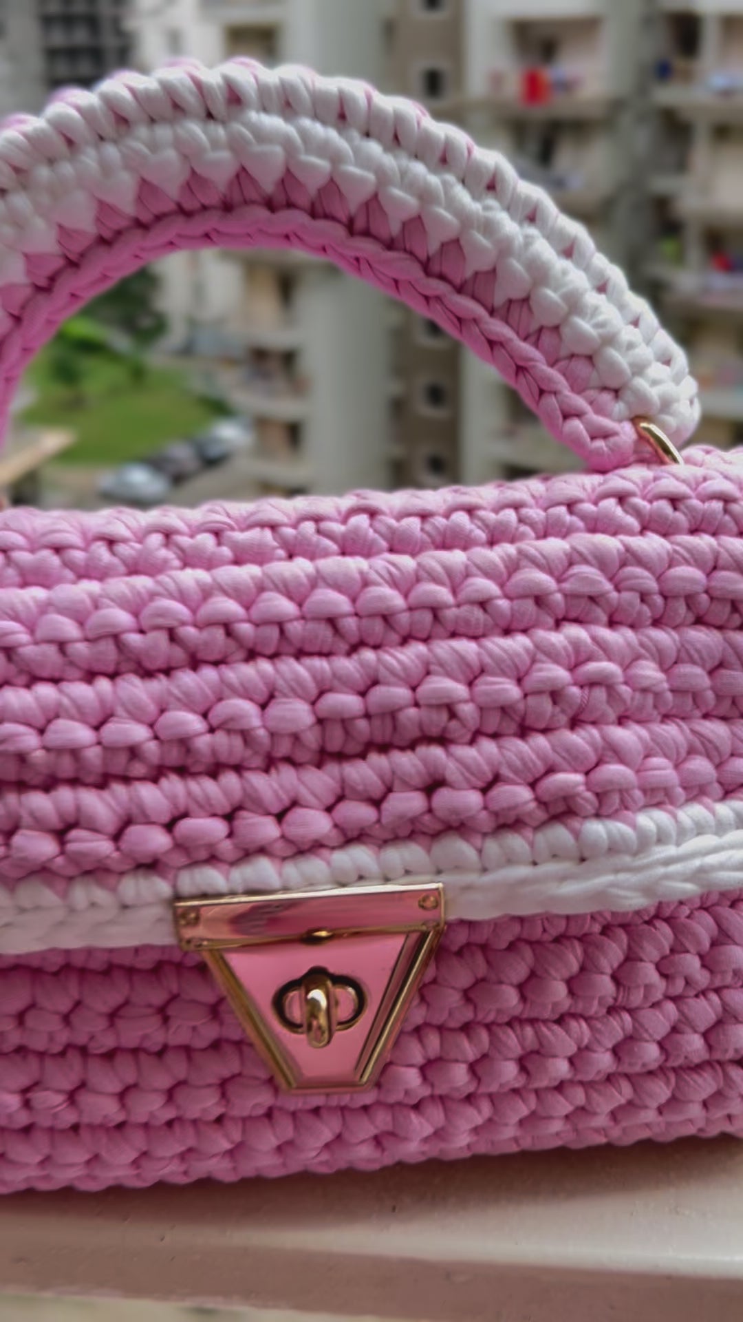Baby Pink With White Accents Handcrafted Crotchet Bag