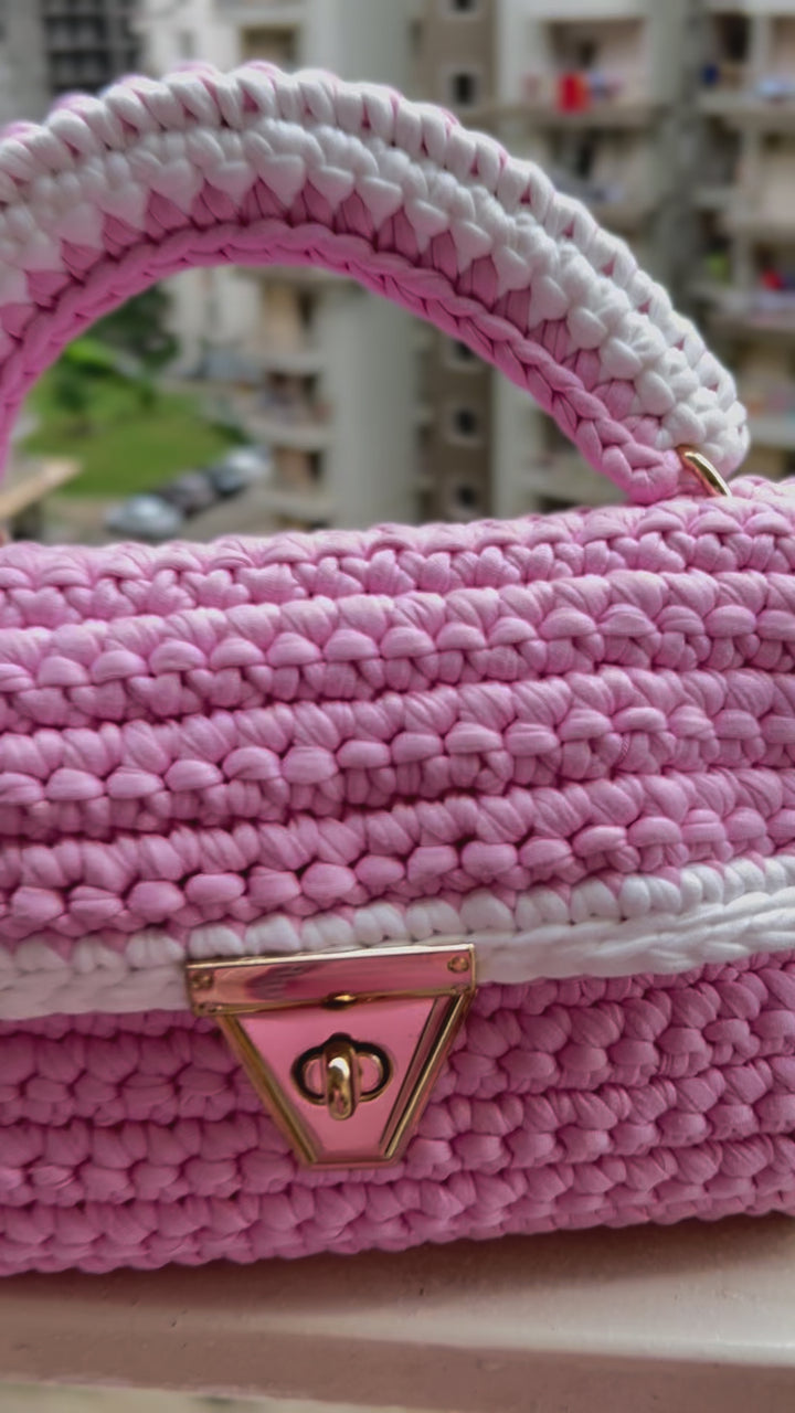 Baby Pink With White Accents Handcrafted Crotchet Bag