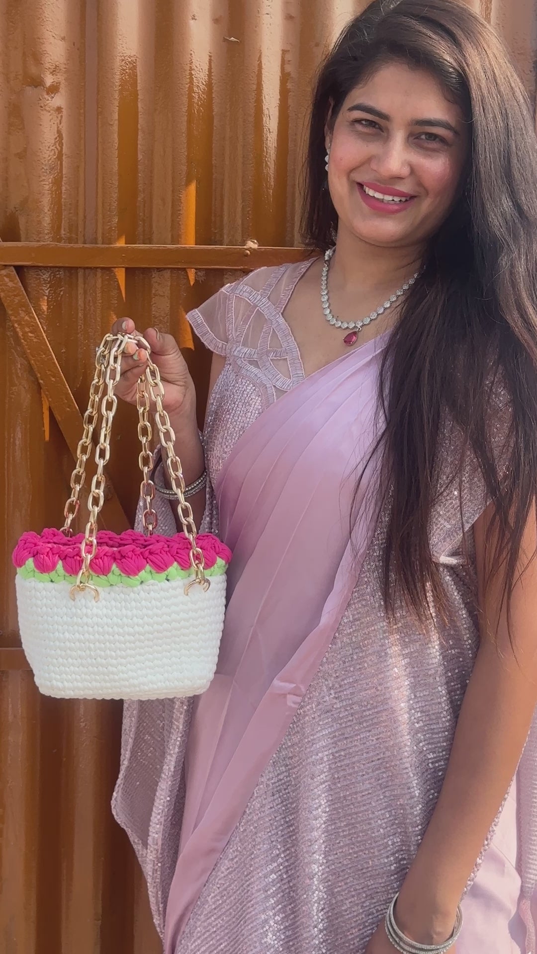 Dark Pink Tulips on White Handmade Crochet Bag